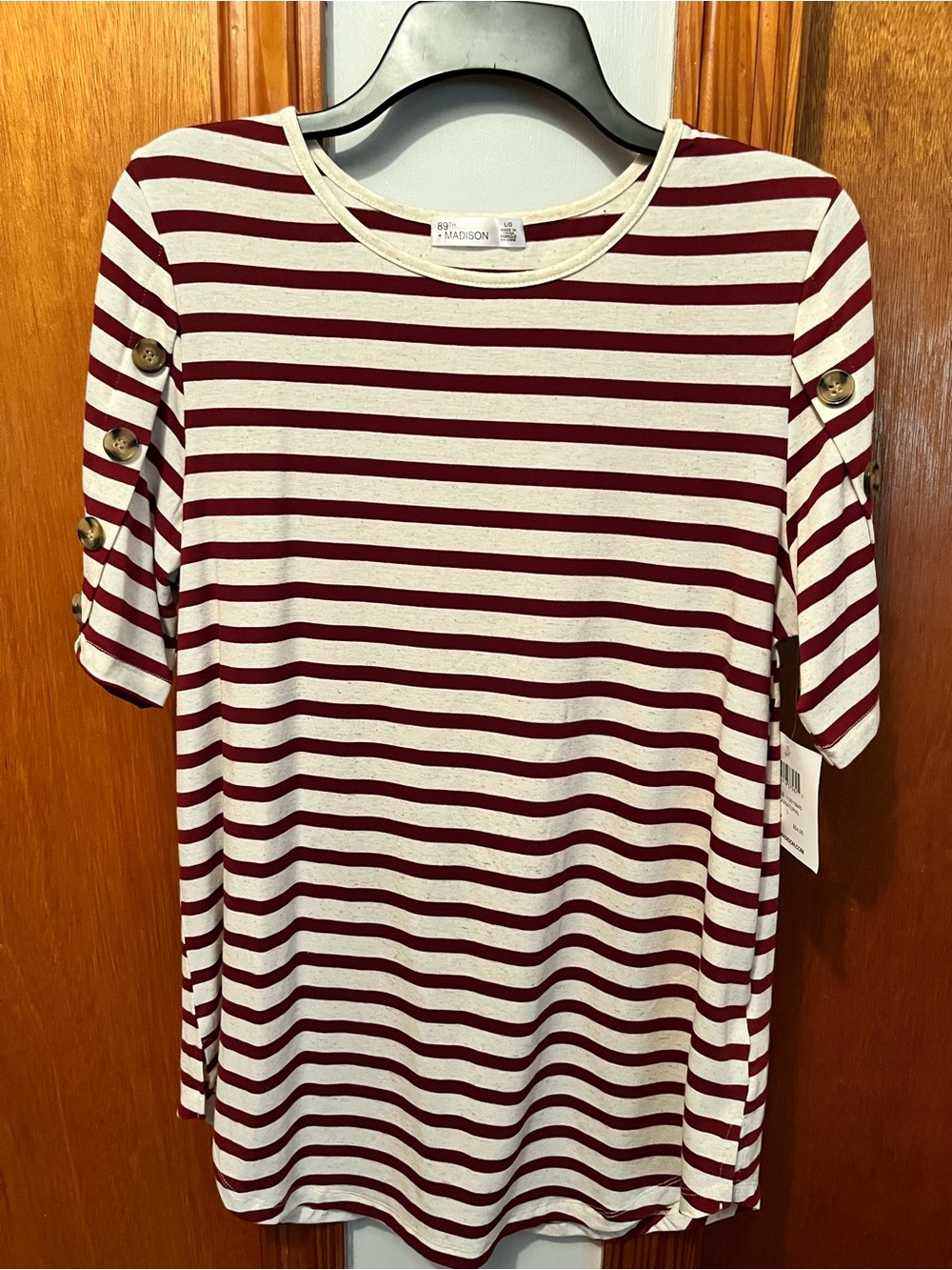 89th & Madison Burgundy and Cream Striped Short Sleeve Tee
